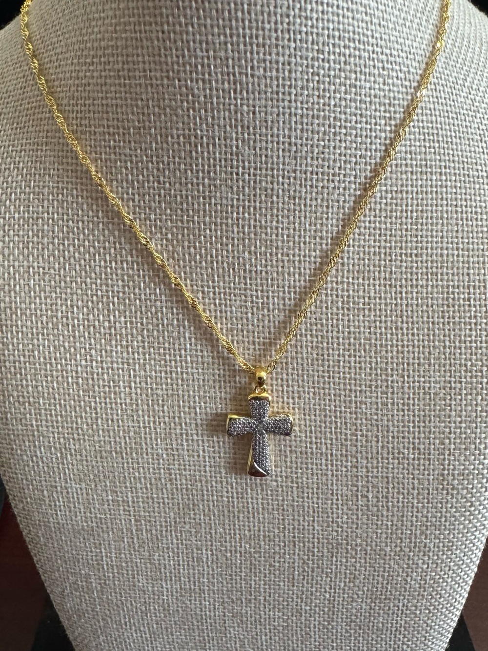 Gold Tone Rope Chain Necklace with Pave Cross Pendant  18” Adjustable